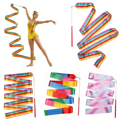 Suitedget 3PCS Tanzband Mit Stab Rhythmische Sportgymnastik Band | Leicht Sicher Einfach Zu Bedienen Regenbogen-Design für Tanz, Gymnastik, Auftritte