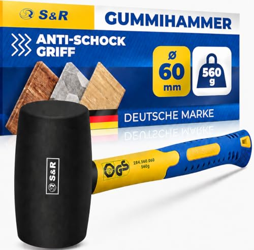 S&R Gummihammer Klein Schwarz 60mm, 560g Camping Hammer Schonhammer Pflasterhammer Rückschlagfrei - zuverlässig für Fliesen, Möbel und Fenster - GS Siegel sowie TÜV geprüft