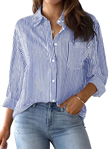 NONSAR Bluse Damen Elegant Langarm Streifenbluse Hemden mit Knöpfen Casual Büro Arbeit Blusen Baumwolle Tunika Hemd Oberteile Tops