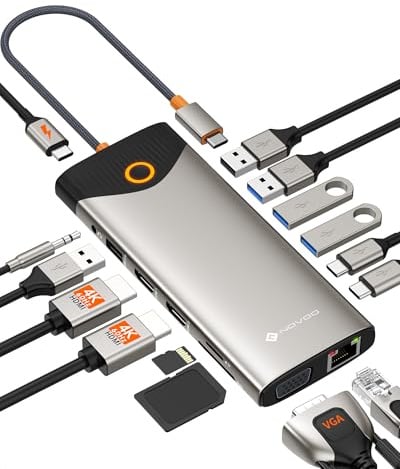 NOVOO 15 In 1 Docking Station USB C 3 Monitore Hub mit Dual 4K HDMI, VGA, Gigabit Ethernet, 5Gbps USB, SD/TF, Audio und EIN/Aus Taste, 100W PD für Laptop MacBook Lenovo