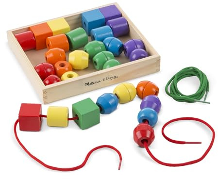 Melissa & Doug - Fädelspiel mit Holzperlen, Große Perlen in verschiedenen Formen und Farben sowie Zwei Kordeln, Für Kinder ab 3 Jahren