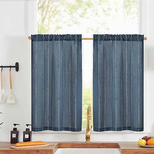 Vangao Streifen Scheibengardinen Leinenoptik Modern Küche Blau Bistrogardine 2er set 65Bx60Hcm Gardinen Kurz mit Stangendurchzug Vorhang Lichtdurchlässig Marine Küchengardinen für Wohnwagen Wohnzimmer