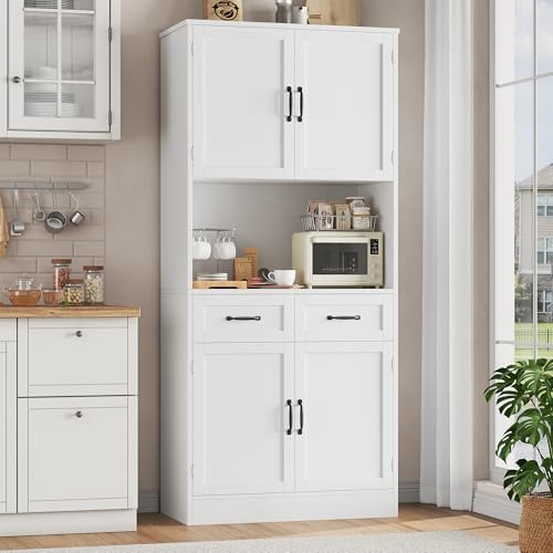 HOCSOK Küchenschrank, 180cm Buffetschrank mit Arbeitsplatte, Vorratsschrank Küche mit 4 Türen und 2 Schubladen, Hochschrank Mehrzweckschrank mit Verstellbare Ablage, Weiß