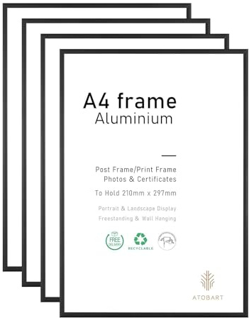 ATOBART A4 Aluminium Bilderrahmen, 21x30cm, schwarz, 4er-Pack | 4er-Pack-21x30cm schwarzer Aluminium Bilderrahmen, Zertifikatsrahmen für Wandmontage oder Tischaufsteller, 4er-Set