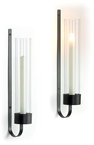 Sziqiqi Wandkerzenhalter Kerzenhalter Wand Schwarz: Kerzenständer Wand Metall für Stabkerzen 2 Stück Wanddeko Kerzenhalter mit Glas Windlicht für Wohnzimmer Schlafzimmer Esszimmer Outdoor Draussen