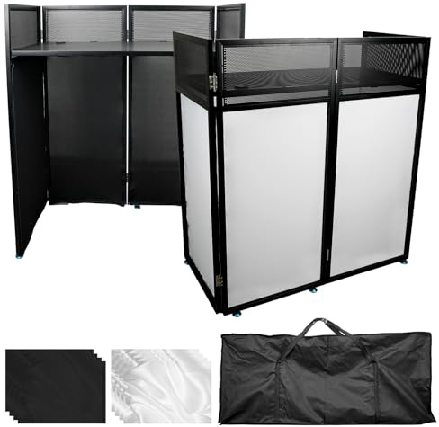 WUDLEP Tragbare DJ-Kabine, 108 x 53.5 x 118 cm DJ-Fassade mit Schwarzen und Weißen Scrims, Schwarzer Metallrahmen, Höhenverstellbare Faltbare DJ-Konsole für Events, Partys, Weddings