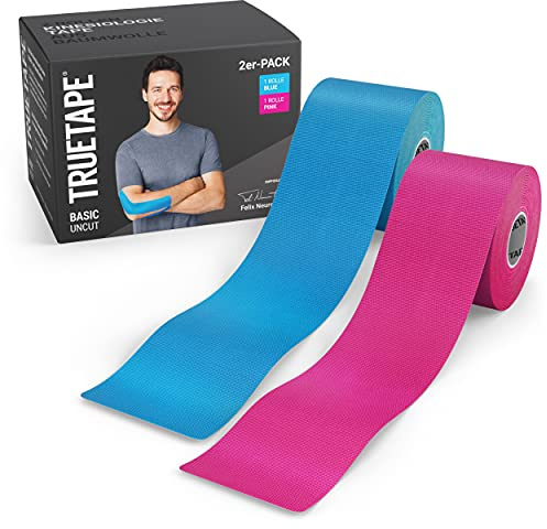 TRUETAPE® Kinesiotape BASIC Uncut Duo, 2x Rollen (5 m x 5 cm), Blau & Pink | 2 ungeschnittene Rollen à 5 m x 5 cm, wasserfest & elastisch, Physiotape mit starker Klebekraft für Alltag & Sport