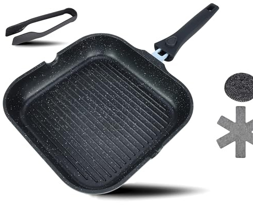 DIVORY Grillpfanne 28 cm – Gerippte Antihaft-Oberfläche, abnehmbarer Griff – Für alle Herdarten geeignet, Induktion – Steakpfanne für Steaks & Grillgemüse, inkl. Grillzange – Frei von PFOA & PFOS