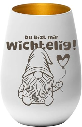 Windlicht Wichtel Motiv | Du bist Mir wichtelig Teelichthalter | Geschenkidee für Freunde & Familie | 12 x 8,5 cm Pohmer Design (Weiß-Gold)