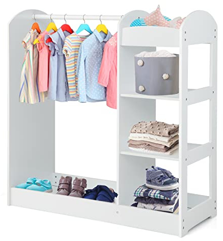 DREAMADE Kinderkleiderschrank mit Spiegel und Kleiderstange, Kinder Kleiderschrank Kinderregal mit 4 offener Ablagen, Kinder Kleiderständer für Kinderzimmer, 93,5x38x100cm (Weiß)
