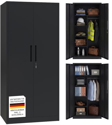 STEELSØN Regulus Metallschrank 175x40x80 cm, mit 6 Fächern, Schwarz | Garderobenschrank, 1 Kleiderstange & Doppeltüren, Spind Schrank abschließbar mit Schlüssel, Mehrzweckschrank, Kleiderschrank