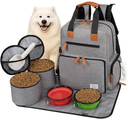 Modoker Hunde-Reisetasche, von Fluggesellschaften zugelassener Rucksack für Haustierzubehör Organizer, Tote Wochenendtasche mit 2 Hundefutter-Aufbewahrungsbehältern, 1 Haustiermatte, Grau