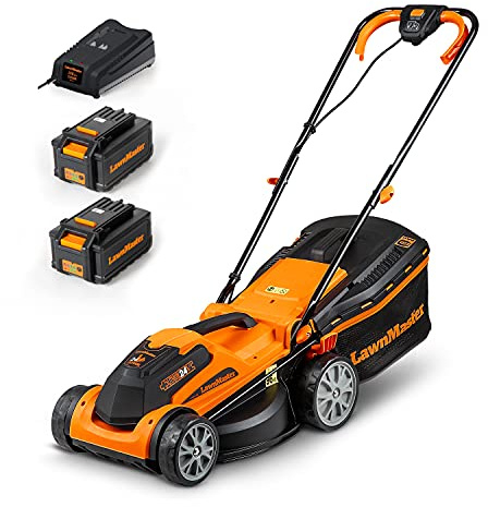 LawnMaster CLMF2434G Akku-Rasenmäher 24V Max 2x4.0Ah Batterie, 34cm, 300m² Mulchen 32L, 20-70mm 6-Stufige Schnitthöhenverstellung