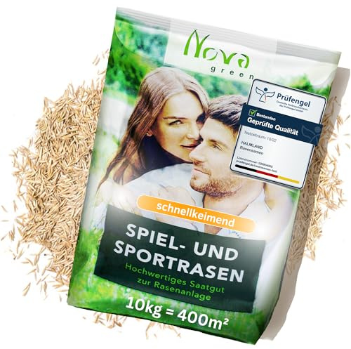 Premium Rasensamen schnellkeimend 10kg = 400m² | Frühjahr Sport und Spiel Rasen - SEHR GUT getestet - Grassamen trockenresistent | Ideal für Rasensaat und Nachsaat