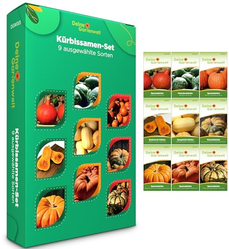 Kürbis Samen Set – 9 Sorten Kürbissamen – Anzuchtset für Kürbisse – Hokkaido, Butternut, Flaschenkürbis & Spaghettikürbis Samen – Kürbis Pflanzen – Ideal als Geschenkset