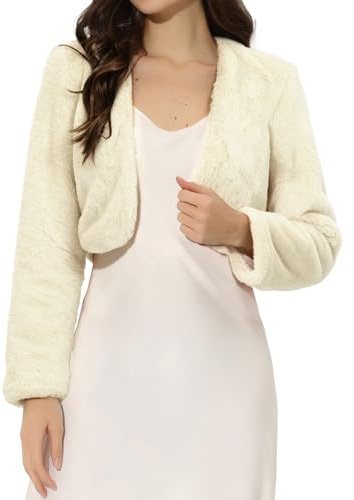 Allegra K Cropped-Jacke für Damen, Abend-Bolero, vorne offen, Kunstfell, Shrug, beige, M