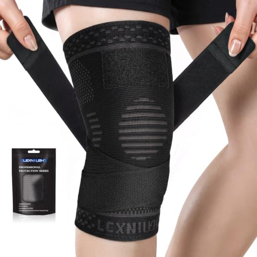 Lexniush Kniebandage für Damen Männer, Kompression Kniestütze mit Riemen für Knieschmerzen, Meniskusriss, Arthritis, ACL, Einstellbares Bandage Knie für Fussball, Laufen, Sport, Yoga(Schwarz, L)