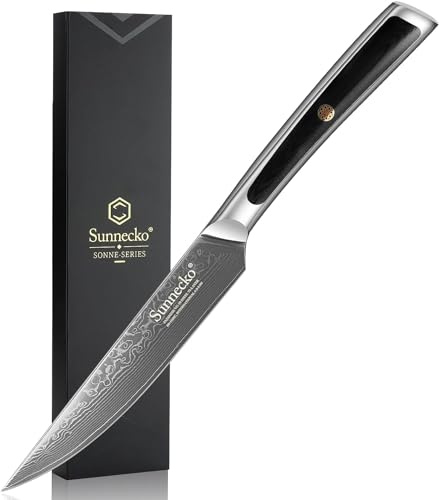 Sunnecko 12,7cm Damast Steakmesser Allzweckmesser | Profi Damastmesser Damastmesser Scharf Messer mit Ergonomischer Griff Steak Knife