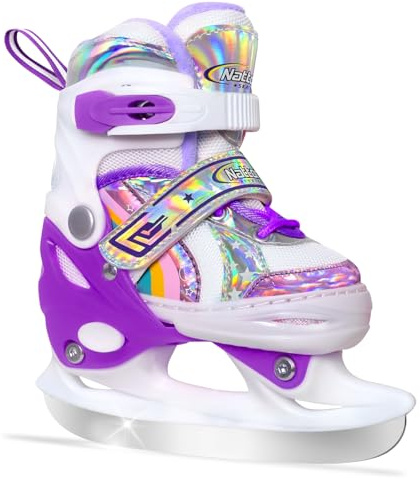 Nattork Mädchen-Eislaufschuhe für Kinder, 4-Fach verstellbar, Butterfly-Eislaufschuhe mit Fleecefutter für draußen und die Eisbahn (Regenbogen-Violett, XS (22-26 EU))