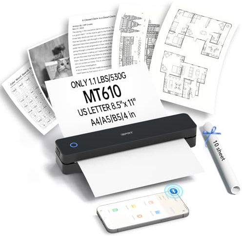 iDPRT Tragbare Drucker Wireless für Reisen,MT610 Mini Thermodrucker A4,Bluetooth Drucker für Reisen,Zuhause,Studium,Wireless Drucker für den Heimgebrauch Kompatibel mit iOS,Android und PC,Schwarz