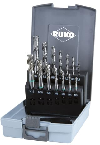 RUKO Maschinengewindebohrer-Satz HSS, 7x Form B M3 bis M12 und 7x passen Spiralbohrer Typ N in Kunststoffkassette, für Profis und Heimwerker, 14-teilig