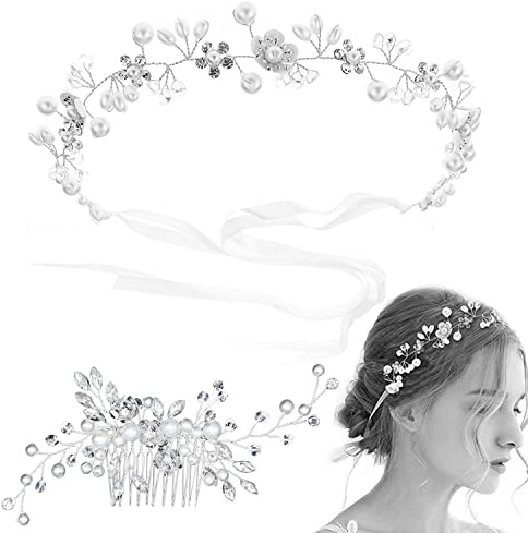 2 Stück Braut Stirnband Haarschmuck Hochzeit Kopfschmuck Vintage Kristall Perle Haarkranz Rebe Stirnbänder Strass, Stirnband Haarschmuck mit Blatt, Kopfschmuck Haarschmuck