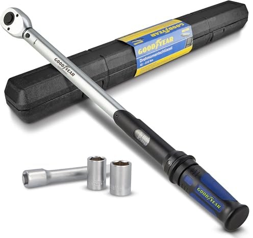 Goodyear Profi-Drehmomentschlüssel, Einstellbar von 40 bis 210 Nm, Antrieb 1/2 Vierkant, inkl. Verlängerung und Stecknüsse 17 mm und 19 mm