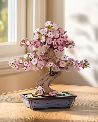 Rolife 3D Puzzle Sakura und Immergrüne Kiefer Bonsai Holzpuzzle Modellbausätze für Erwachsene zu Bauen Heimdekoration Kreative Geschenke für Erwachsene und Kinder (Sakura Bonsai)