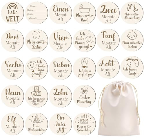Kaisibum Meilensteinkarten Baby Holz,13 Stück Monatliche Meilensteinkarten für Baby,Geschenk für Werdende Mütter&Eltern Babyparty(13 Stück)