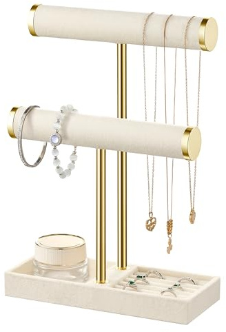 Josmimic Schmuck Organizer mit 2 Ebenen - Beige Schmuckständer Armbänder, Abnehmbarer T-Steg Schmuck Ständer, Samt-Armbandhalter, Schmuckhalter für Armband, Halskette, Uhren, Ringe