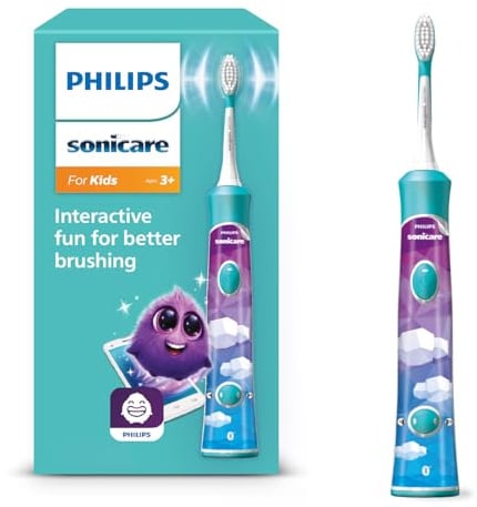 Philips Sonicare For Kids, elektrische Schallzahnbürste mit App, für Kinder ab 3 Jahren, mit SmarTimer und QuadPacer für eine gründliche Reinigung, Türkis, Modell HX6322/04