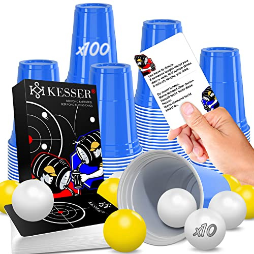 KESSER® Bierpong-Set mit Kartenset, 100 Becher (473ml), 10 Bällen und 54 Karten - Trinkspiele Partybecher Sets für Erwachsene, ideal für Feiern, Geburtstage und Hochzeiten