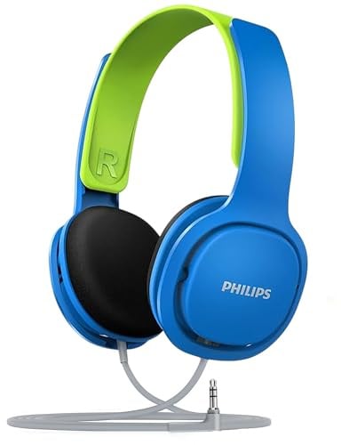 PHILIPS SHK2000BL/00 Over Ear Kinder Kopfhörer, Farbige LED-Leuchten, 85dB Lautstärkebegrenzung, Geräuschisolierendes, Mit Weichen Ohrpolstern, Ergonomisches Stirnband (Blau)