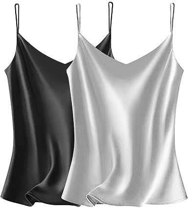 VIDUSSA Damen Satin Cami Tank Top Basic Shirt V-Ausschnitt Ämellose Blusen Seidentop Oberteile 2er Pack Schwarz+grau S