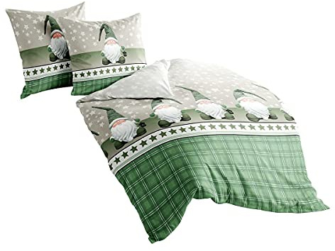 Traumschlaf Biber Bettwäsche Wichtelmännchen grün – warme Winterbettwäsche aus 100% Baumwolle – flauschig weich & atmungsaktiv – im schönen Weihnachtsdesign – 135 x 200 cm + 1 Kissenbezug 80 x 80 cm