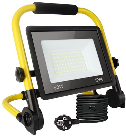 50W Led Baustrahler,5400LM Superhelle Arbeitsleuchte,Tragbares Baustrahler,6000K TageslichtWeiß,Ip66 Wasserdicht,Eu-Stecker Bauleuchten mit 3.5M Kabel und Schalter für Werkstatt,Garage,Garten