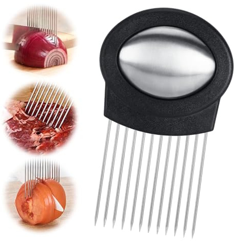 Zikenis Schneiderhalter für Zwiebeln aus Edelstahl,Schneidehilfswerkzeug,Food Slice Assistant,Gemüse Kartoffelschneider Slicer mit Geruchsentferner,Zum Schneiden von Tomaten,Fleisch,Zitronen (Schwarz)