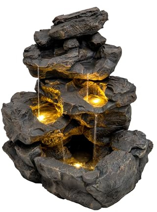 Kaskadierende Outdoor-Wasseranlage – Elektrischer Gartenbrunnen in Grau – 3 warmweiße LED-Leuchten – Netzbetriebene Pumpe – Deko für Garten & Zuhause – Rustic Rapids – Reinigungsbürste