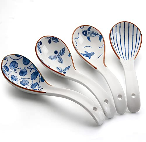YFWOOD Asiatische Suppenlöffel, 4 Stück 16cm Keramik Suppenlöffel, Braun | Retro Muster Ramen Löffel für Suppe Dumplings Pho Wonton Miso