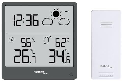 Technoline WS9138 Funk Wetterstation mit Außensensor – Innen & Außentemperatur, Luftfeuchtigkeit, Wettervorhersage, Trendanzeige, Min/Max Speicher, beleuchtetes Display, kompakt 90x93 mm