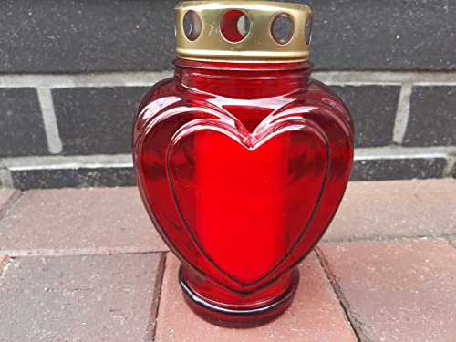Grabkerze Trauerlicht Herz Form rot Gedenkkerze Grablampe Glas ca. 18cm hoch