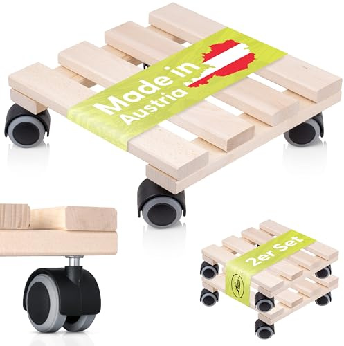 LUNA® Pflanzenroller eckig 4er Set - massives Buchenholz 100kg Traglast - Rollbrett Pflanzen - Blumenroller - Pflanzen Rollbrett - Blumentopf Untersetzer mit Rollen - 25x25cm - Made in Austria