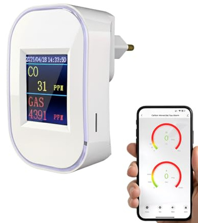 WLAN Kohlenmonoxid- und Gasmelder mit Stecker, Gasmelder Haus mit App-Steuerung, Kohlenmonoxid Melder mit LED-Display, EN50291 & EN50194 Zertifiziert, CO Melder für Erdgas LPG Propan Butan