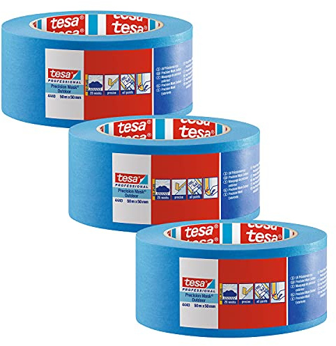 tesa Präzisionskrepp 4440 Außen UV-PLUS - 3er-Pack - Blau - 50 m x 50 mm | Witterungsbeständiger Malerkrepp zum präzisen Abkleben und Abdecken - für anspruchsvolle Malerarbeiten im Außenbereich