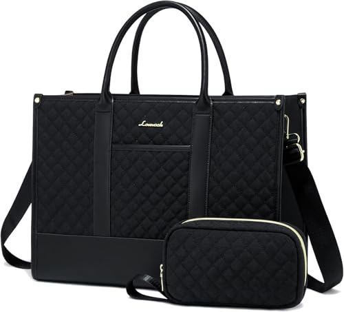 LOVEVOOK Damen Laptoptasche Handtasche 15,6 Zoll | Wasserabweisende PU-Leder Tote Bag mit Laptop- & iPad-Fach, Arbeitstasche für Büro, Uni, Business & Schule, Schwarz