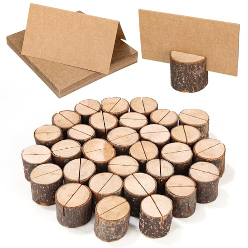 Bixury 30 Stück Zylindrischer Kartenhalter Holz Stabil Tischkartenhalter | Kartenhalter Fotohalter Menükartenhalter Postkartenhalter mit 30 Kraftpapier Tischkarten, für Hochzeit Geburtstag Fotos Memo