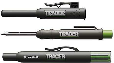 TRACER Tieflochmarker AMK1 – Baustellen Bleistift mit 2B Mine | 145mm Markiertiefe | 6x Ersatzminen & Seitenhalter | Handwerker Bleistift für Holz, Keramik, Metall & Kunststoff