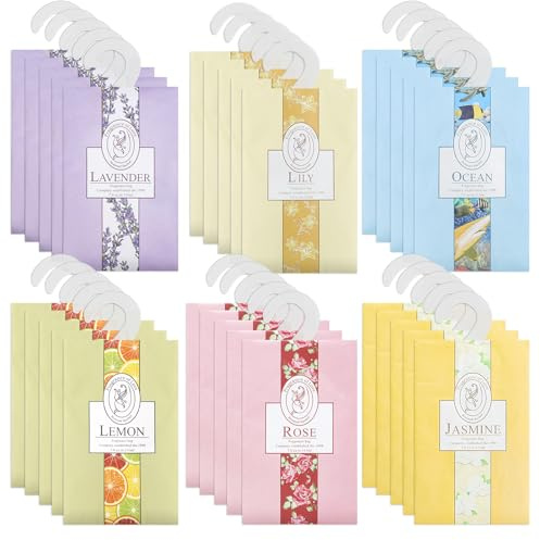 BREANIFULL 30 Pack Scented Sachet Bags Natural Mothproof Agent 6 Different Fragrances Wardrobe Freshener with Hanging Sachets Wardrobe Fresheners Bathroom Cart for Clothes Room Drawers Car