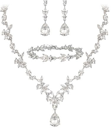 Clearine Hochzeit Schmuckset für Damen Braut Y Halskette Tennis Armband und Ohrringe baumeln Set Kristall Teardrop Marquise Cluster Schmuck für Brautjungfer Klar Silber Ton