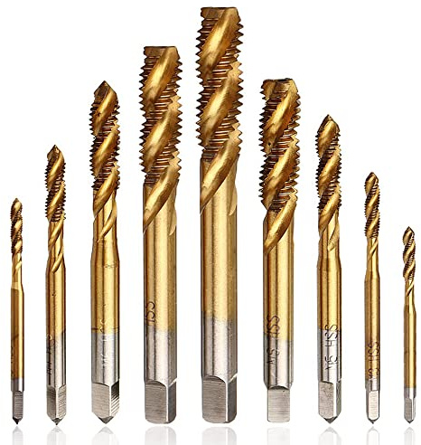 Mesee 9 Stück Spiralgewindebohrer, HSS Titanbeschichtetes Gewindebohrer, Spiralnutbohrer Maschinengewindebohrer Set, Metric Gewinde Stahl Gewindeschneider Set Werkzeuge- M2 M2.5 M3 M4 M5 M6 M8 M10 M12